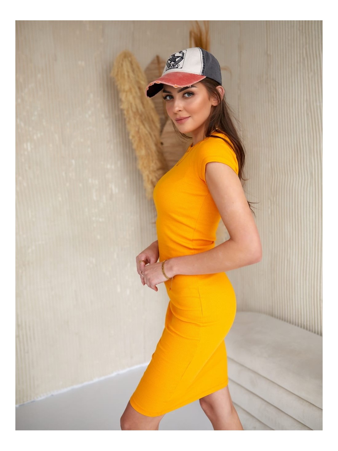 Pencil dress with short sleeves, mustard TS286 - Online store - Boutique